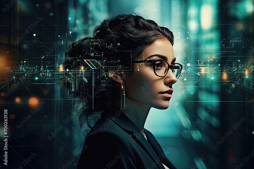 Analytical woman with intricate circuit graphics interface