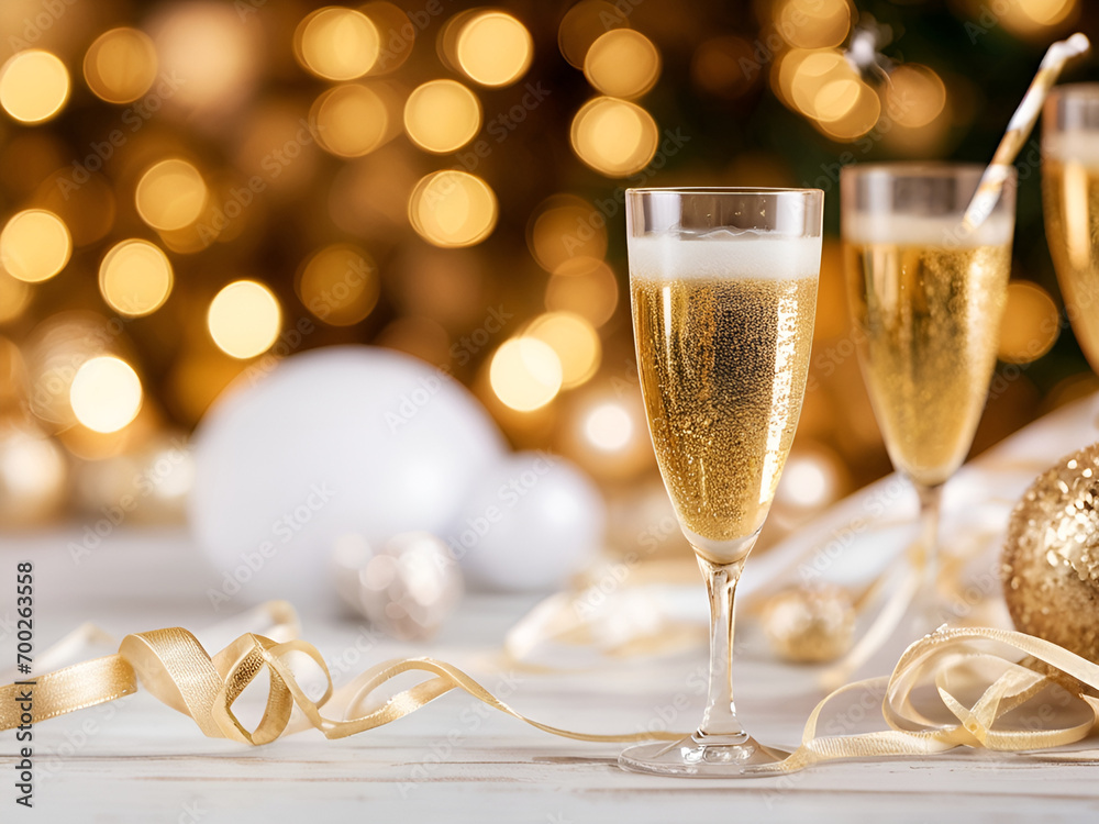 Blurred background of New Year's celebration drinks and golden ribbons. Blurred background of New Year's celebration drinks and golden ribbons.