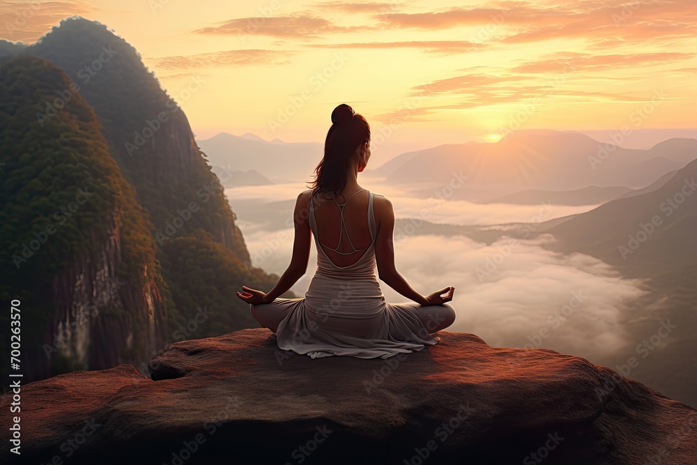Woman in meditation at sunrise on a mountain peak, serene ambiance