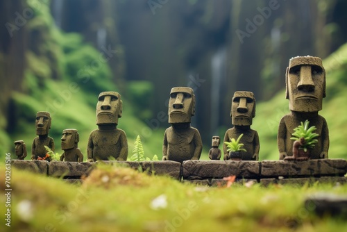 A miniature toy scene of Easter Island with statues, grass, and rocks. Macro photo of a culture and history scene with small toy models. Easter Island and statue concept with tiny world. photo