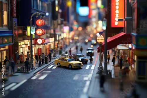 Tokyo Pulse: Street with Cars and Human Figures - Cityscape concept small toy scene with macro photo miniature of a bustling Tokyo street, alive with tiny toy cars and human figures.