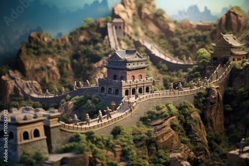 Majestic Marvel: Great Wall of China - Landmark concept small toy scene with macro photo miniature of the iconic Great Wall stretching across a tiny landscape.