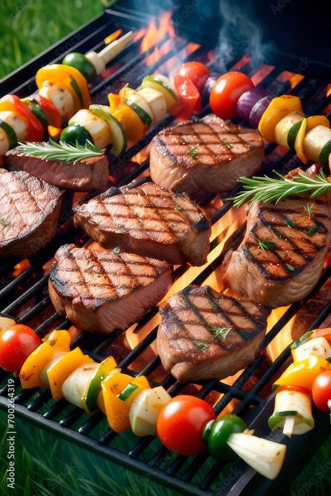 Various of delicious meats and vegetables are baked on grill, outdoors.