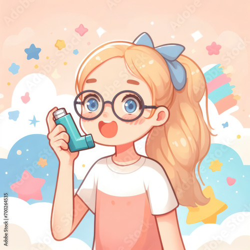 A watercolor girl uses an inhaler on a pastel background. ai generative