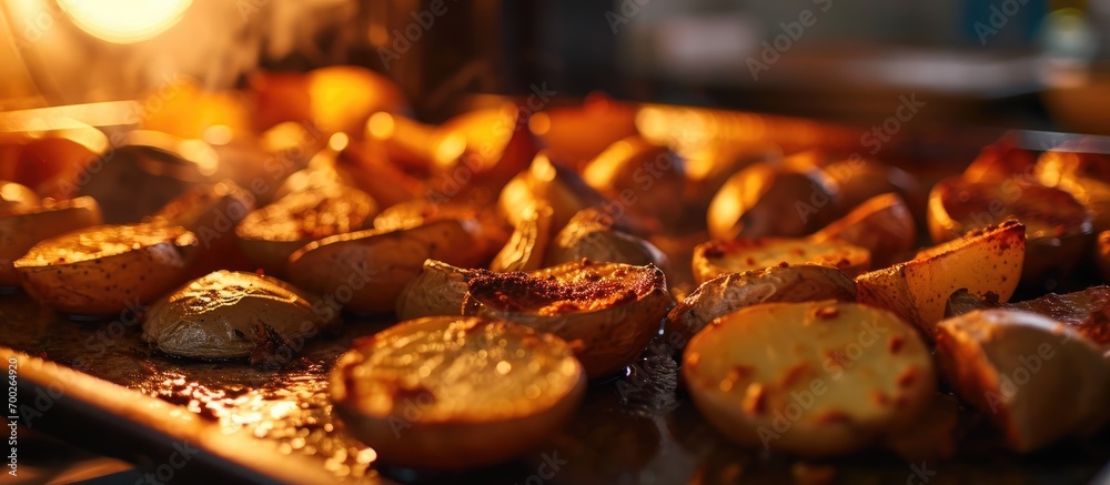 Crispy oven-baked potatoes fresh from the new oven in the kitchen. Crispy oven-baked potatoes fresh from the new oven in the kitchen.