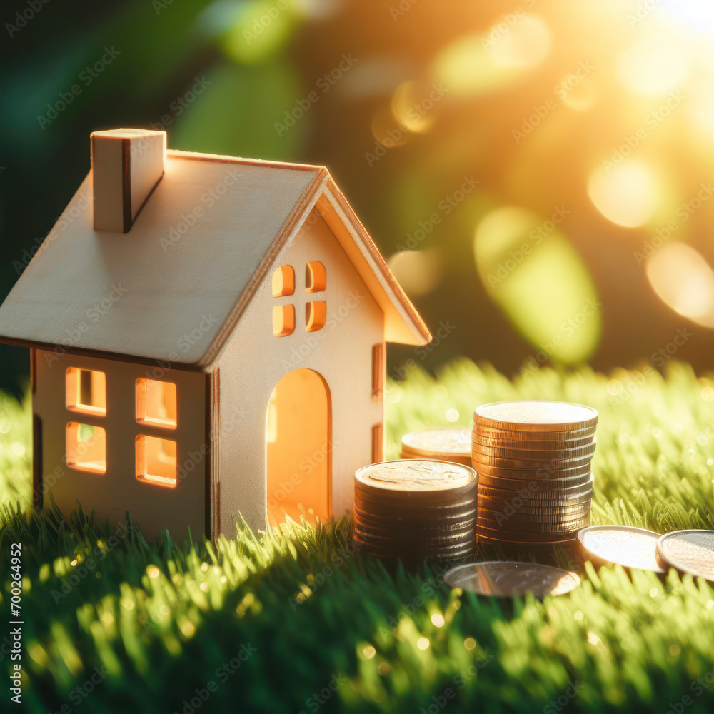 model of a small wooden house on green grass with coins. ai generative model of a small wooden house on green grass with coins. ai generative