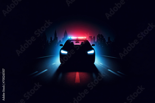 silhouette of a police car on the road in the city with blue and red flashing lights on black background. ai generative photo