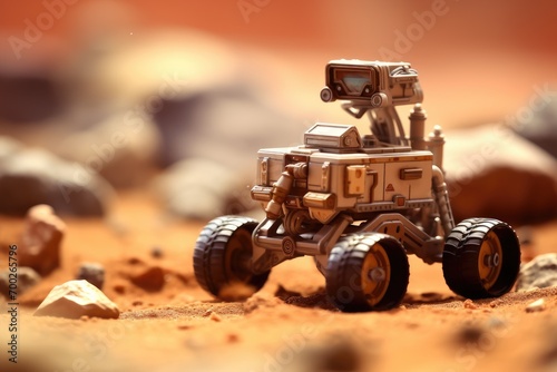 A miniature toy rover exploring the surface of Mars with rocks, craters, and dust. Macro photo of a space and science scene with small toy model. Mars exploration and rover concept with tiny world.