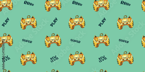 Tiger gamepad cartoon character seamless pattern on blue background with digital dots, text Play, super, new level. Cartoon kids repeat print with gamepads. Wildlife print