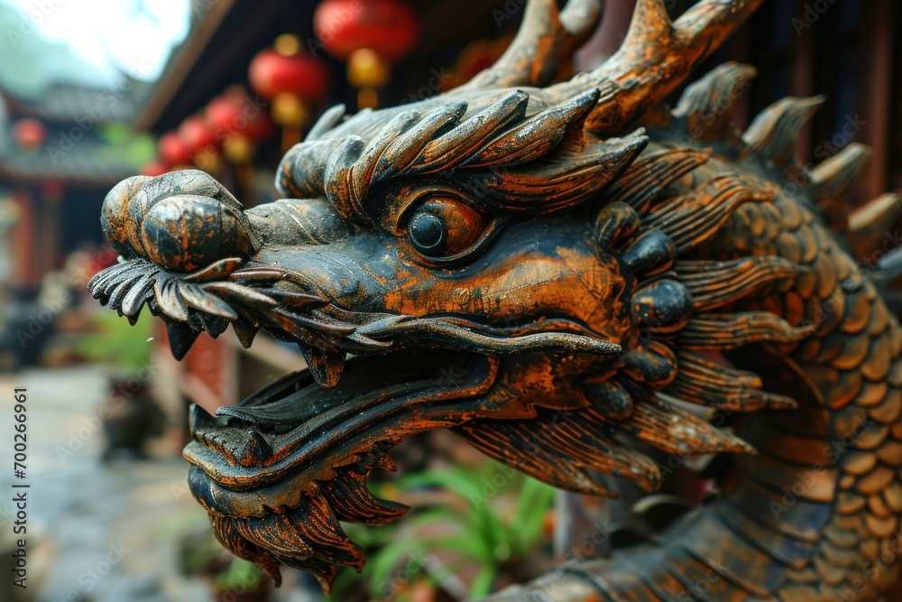 Fototapeta premium Festival featuring a green wooden dragon for Chinese New Year