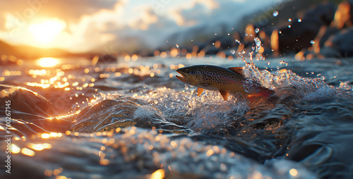 Trout jumping out of the turbulent waters of a mountain stream at sunrise photo