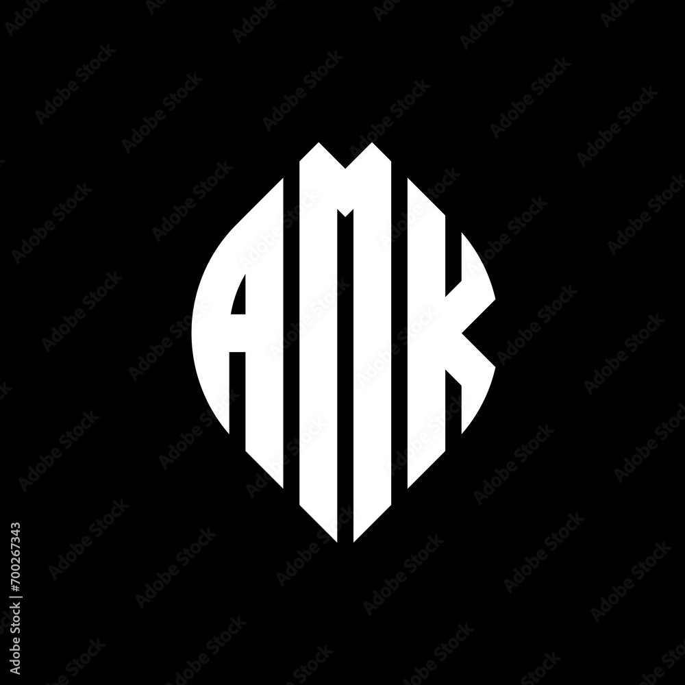 AMK circle letter logo design with circle and ellipse shape. AMK ellipse letters with typographic style. The three initials form a circle logo. AMK Circle Emblem Abstract Monogram Letter Mark Vector.