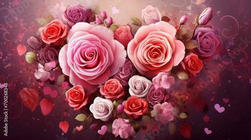 Vibrant roses bouquet and hearts composition  romantic floral background for valentine s day celebration