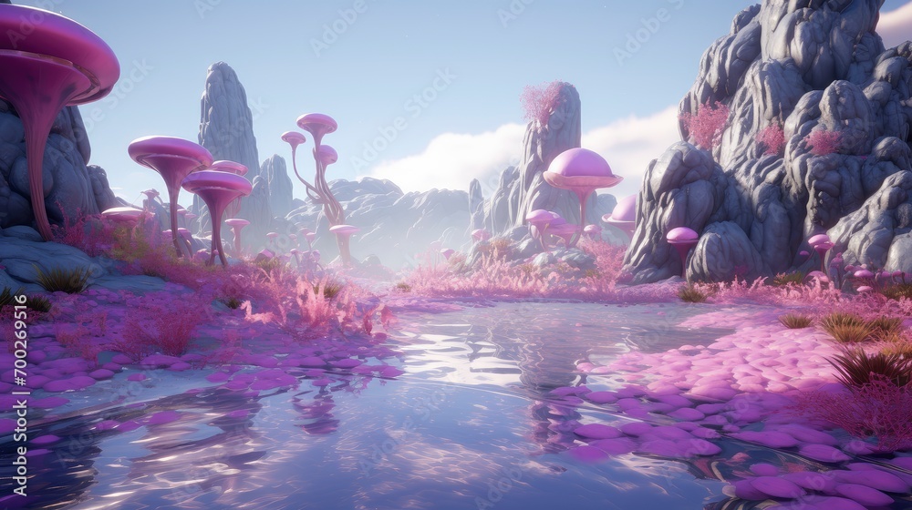 Enchanted Pink Forest and Floating Spheres: A Dreamy Fantasy Landscape.