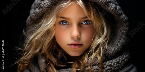 Portrait of a Young Child with Striking Blue Eyes and Silver Hair Wrapped in a Warm Knitted Shawl