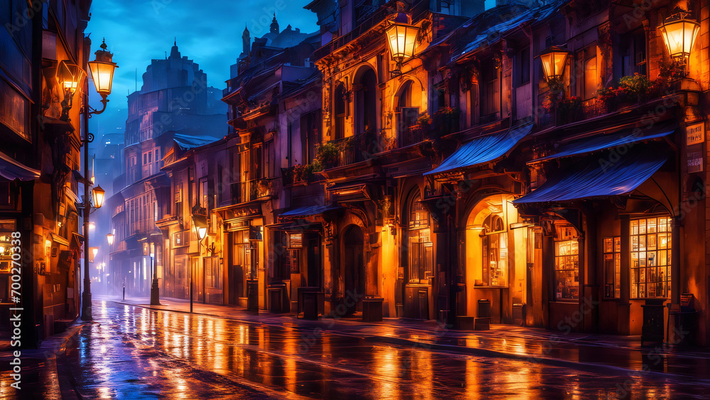 Streets of old town with yellow lantern lamps at night, very dark street with no people. - obrazy, fototapety, plakaty 