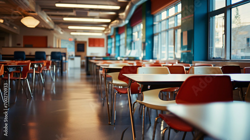 Empty classroom with tables and chairs, shallow depth of field. Selective focus. photo