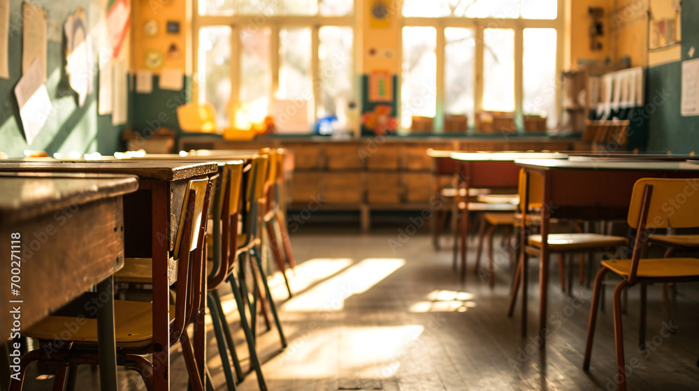 Wooden chairs and tables in a school classroom. Selective focus.