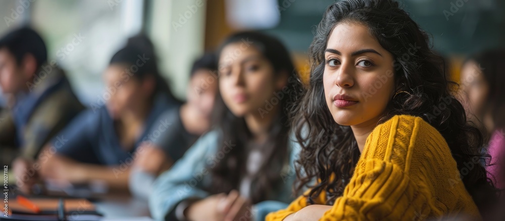 Obraz premium Hispanic female student leads a group of young adults in university classroom.