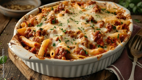 baked ziti in a casserol dish, cheese on top, 