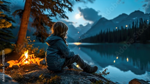 a little girl at night alone by a lake and forest