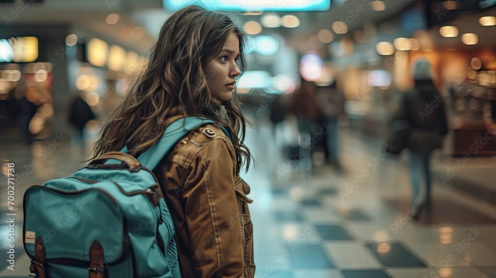 woman with blue luggage at the airport, getting ready for vacation woman with blue luggage at the airport, getting ready for vacation