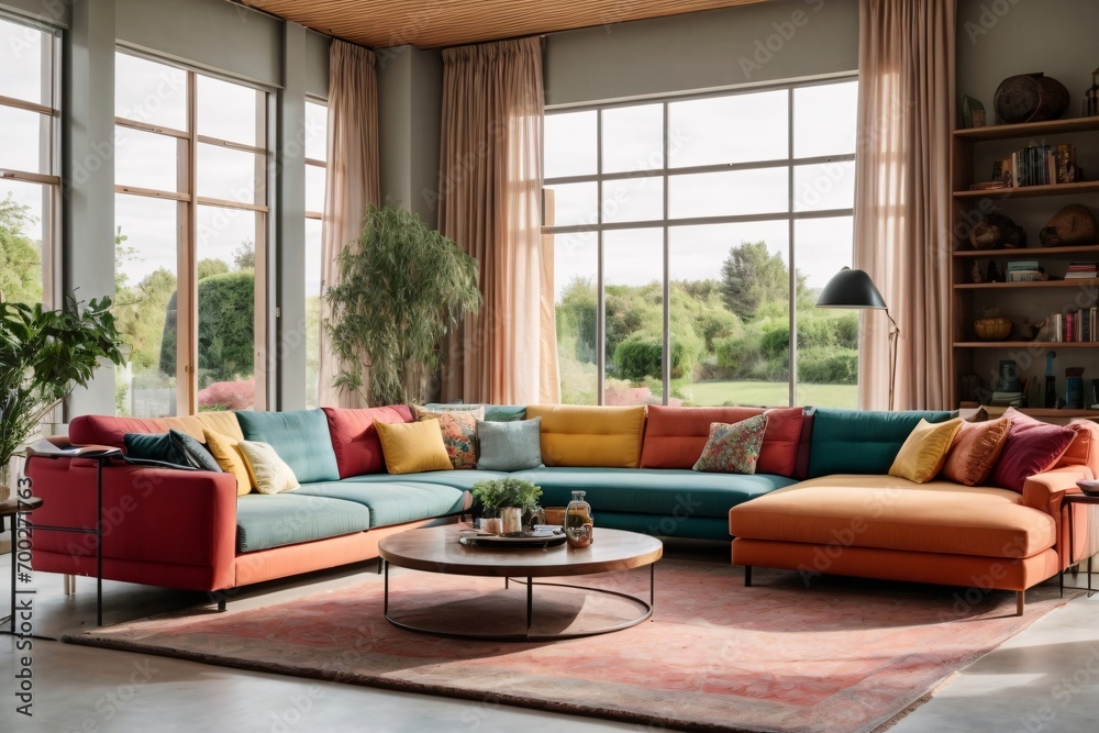 Large and modern living room with colorful sofas and cushions and full wall bookcase - huge windows overlooking the garden.