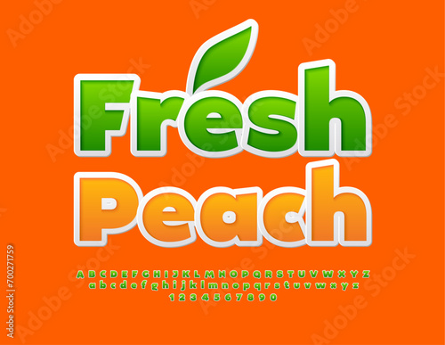 Vector bright advertisement Fresh Peach. Creative Green Font. Sticker style set of Alphabet Letters and Numbers