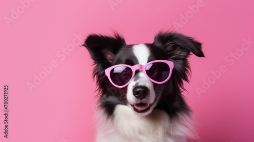 Adorable border collie puppy celebrates st. Valentine's day with heart-shaped sunglasses - high-quality image © Ashi