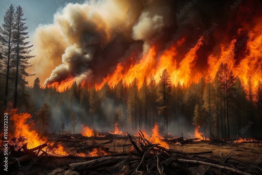 Forest Fire Consuming a Vast Woodland Area, Flames Reaching High Into the Sky. Natural Disasters. Environmental Disaster. 
