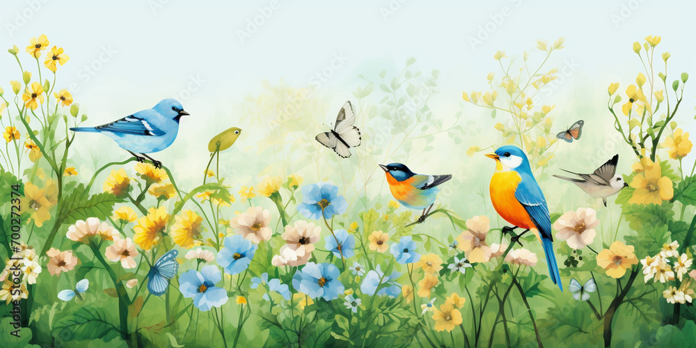 vector illustration of a forest with birds and flowers - obrazy, fototapety, plakaty 