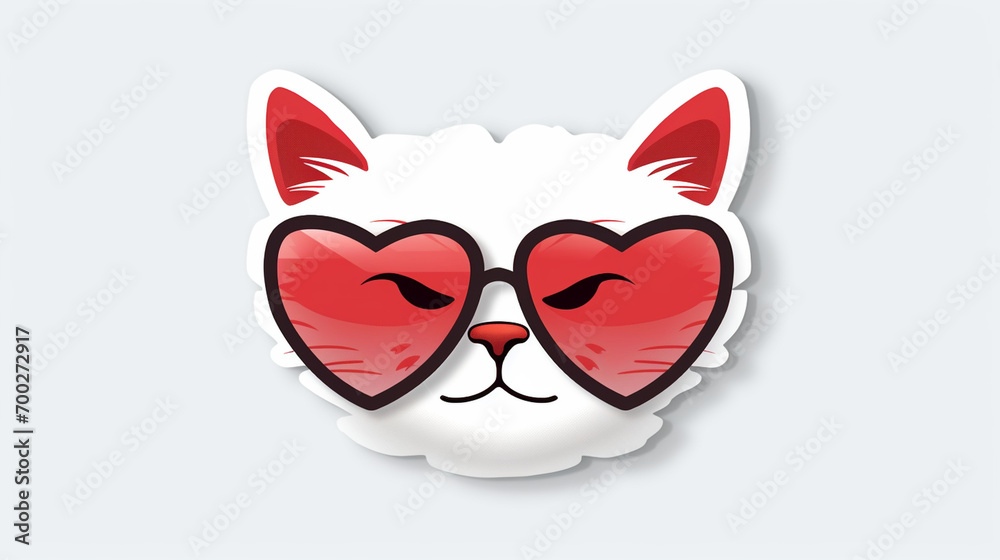 Cute Cat Emoji Sticker Wearing Heart-Shaped Sunglasses, Sticker, on white background