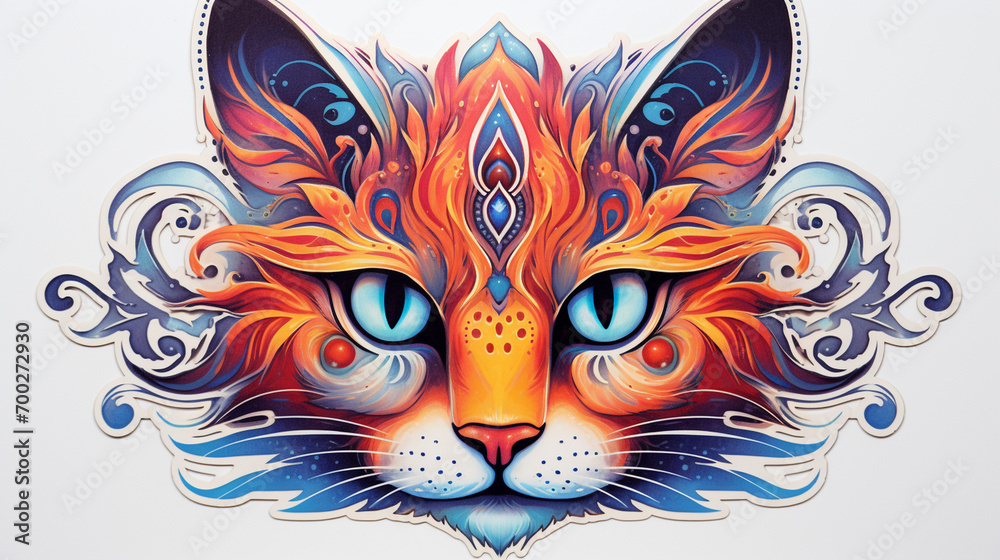 Artistic Cat Sticker with Intricate Patterns and Mandala Elements, Sticker, on white background