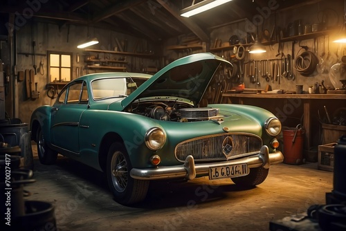 Old-Timer Car in a Workshop. Classic Car Workshop. © Radovan