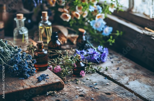 oil and flowers on the table were used for a natural deodorant
