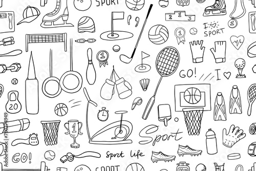 Seamless pattern of sports equipment. Badminton, basketball, football, boxing, fitness, golf. Great for banners, sites, posters, design elements. Hand drawn. Doodle style