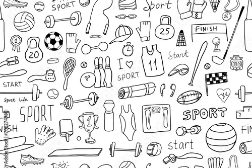Seamless pattern of sports equipment in doodle style. Badminton, basketball, football, boxing, fitness, golf, hockey. Great for banners, sites, posters, design elements. Hand drawn