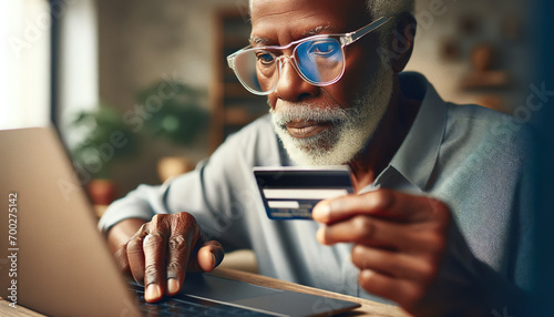 An Elderly African American man enters his credit car information online via his laptop connected to the internet. Many  elderly ones are vulnerable to online scams.