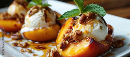 Grilled peaches with vanilla ice cream and walnut = BBQ peaches with vanilla ice cream and walnut