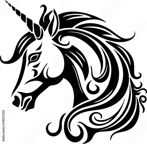 Black silhouette of unicorn. Vector illustration drawing  isolated on white background. Black shape of unicorn head  