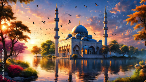 Print op canvas A beautiful mosque beside the lake with trees and birds in sunset