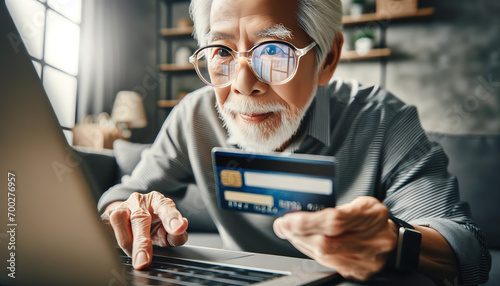 An Elderly man enters his credit car information online via his laptop connected to the internet. Many elderly ones are vulnerable to online scams.