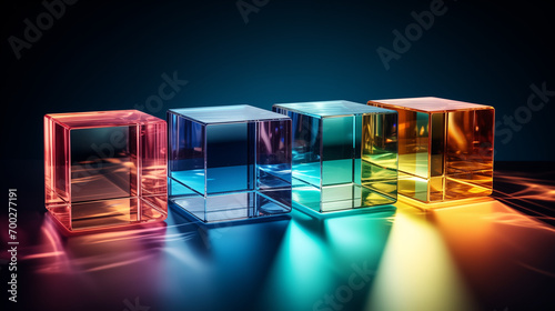 Transparent colored glass cubes are standing on a dark surface.