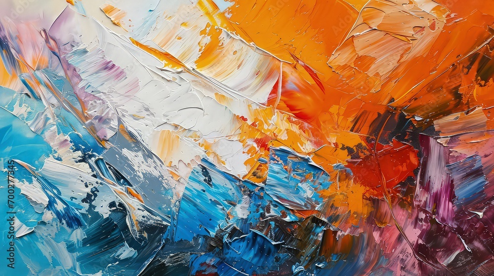 The composition is dynamic. Abstract oil painting. thick and textured strokes created with a palette knife. The colors are vibrant and include shades of red, blue, yellow and white.
