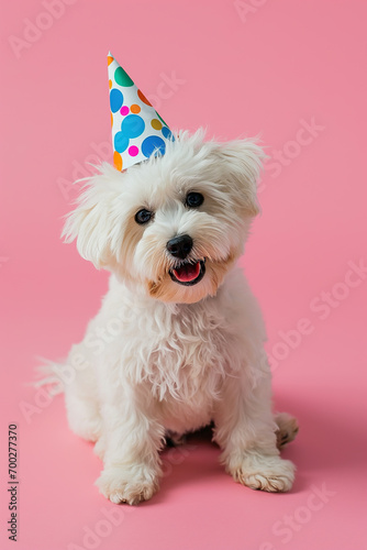 Wallpaper Mural Happy cute Maltese dog wearing a party hat celebrating at a birthday party Torontodigital.ca