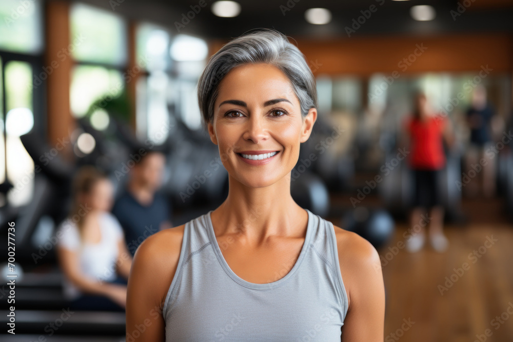 Portrait of smiling 50 year old woman in fitness studio. Portrait of smiling 50 year old woman in fitness studio.