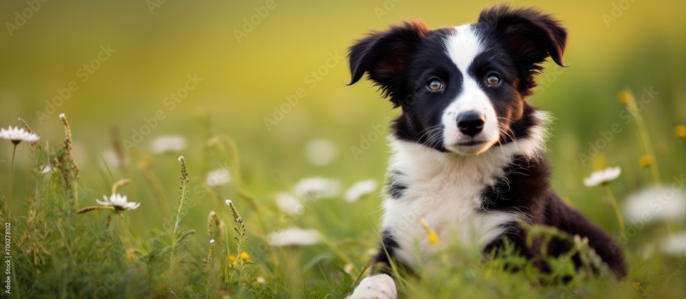 A curious Border Collie puppy sits on the grass.