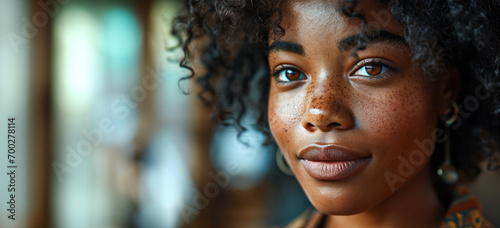 Close Up On Eyes Of Young Freckled Woman Curly Haired.