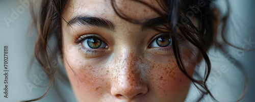 Close Up On Eyes Of Young Freckled Woman Looking at Camera.