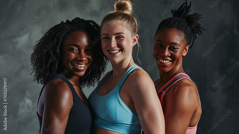 A group of young female athletes posing in a studio, showcasing their passion for fitness and a healthy lifestyle.